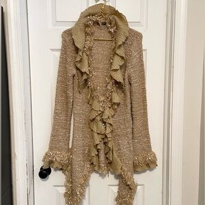 John Fashion wool blend (55%) tan ruffled cardigan Sz XL has stretch dramatic